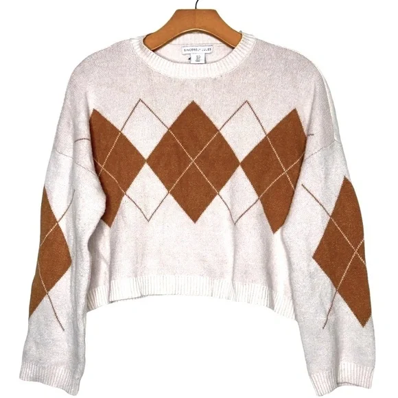 Sincerely Jules Argyle Crop Sweater Beige Academia Preppy Collegiate Rugby Small - Picture 1 of 6
